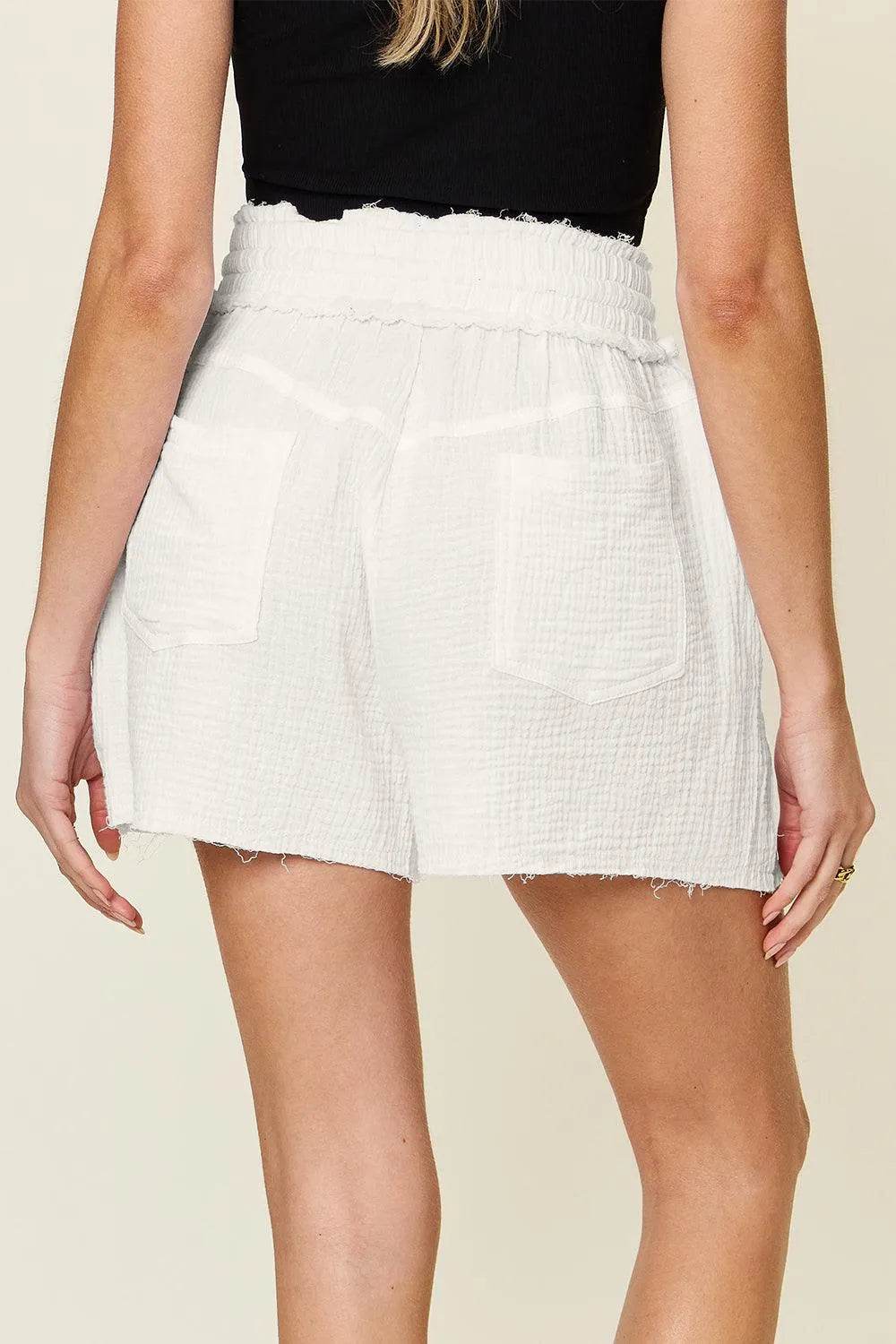 Bona Fide Fashion - Full Size Texture Raw Trim Drawstring Shorts - Women Fashion - Bona Fide Fashion