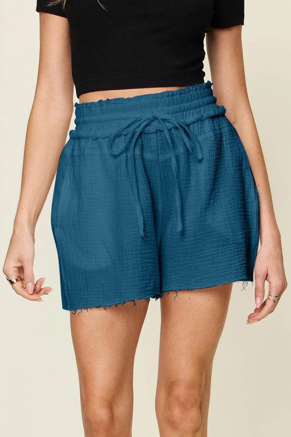 Bona Fide Fashion - Full Size Texture Raw Trim Drawstring Shorts - Women Fashion - Bona Fide Fashion