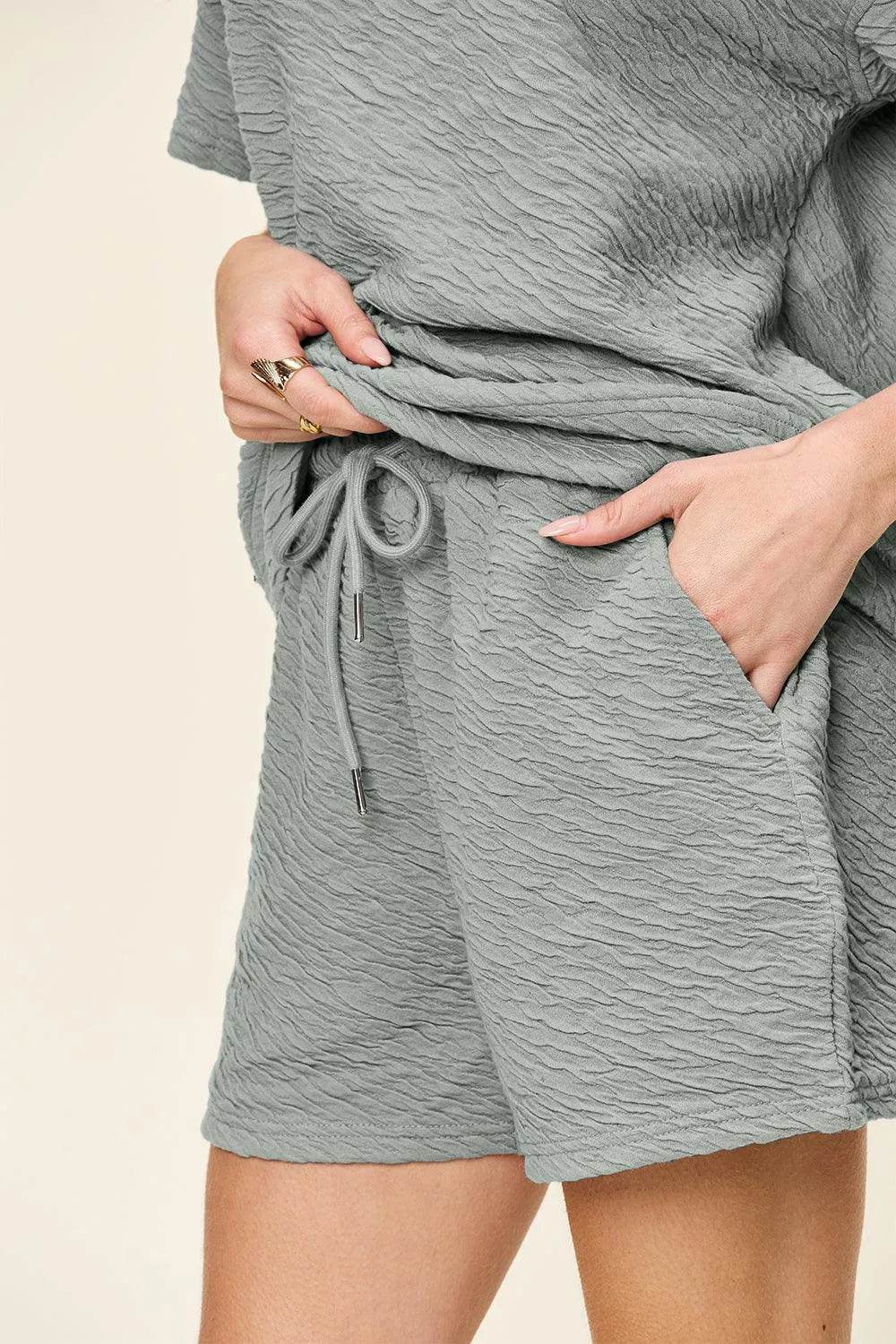 Bona Fide Fashion - Full Size Texture Short Sleeve T-Shirt and Drawstring Bottom Set - Women Fashion - Bona Fide Fashion