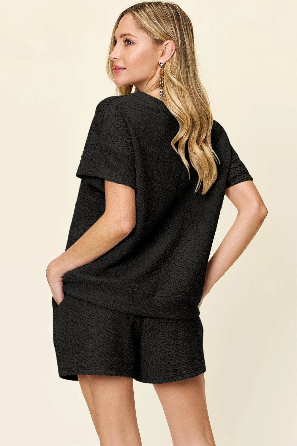 Bona Fide Fashion - Full Size Texture Short Sleeve T-Shirt and Drawstring Bottom Set - Women Fashion - Bona Fide Fashion