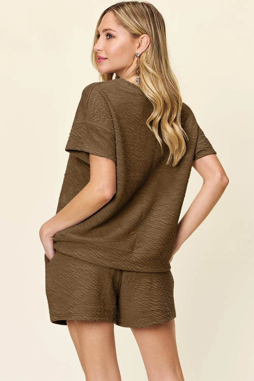 Bona Fide Fashion - Full Size Texture Short Sleeve T-Shirt and Drawstring Bottom Set - Women Fashion - Bona Fide Fashion