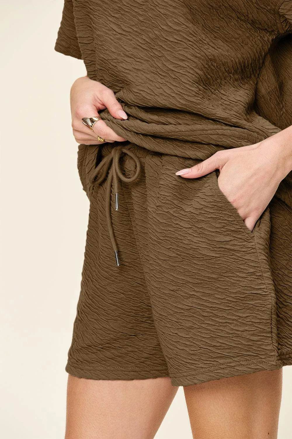 Bona Fide Fashion - Full Size Texture Short Sleeve T-Shirt and Drawstring Bottom Set - Women Fashion - Bona Fide Fashion
