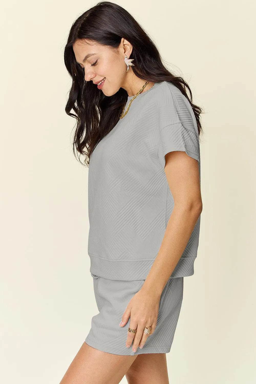 Bona Fide Fashion - Full Size Texture Short Sleeve T-Shirt and Drawstring Shorts Set - Women Fashion - Bona Fide Fashion