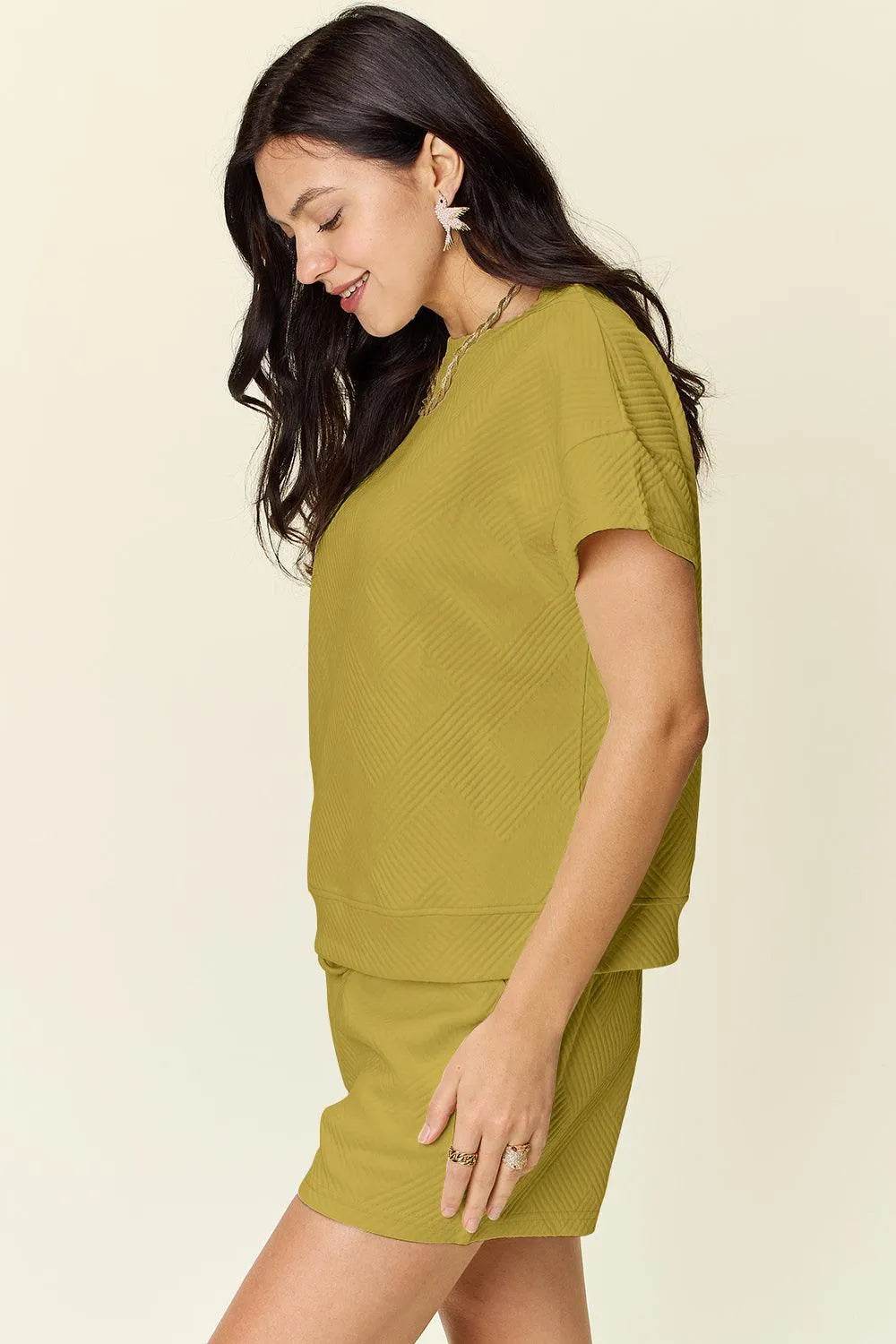 Bona Fide Fashion - Full Size Texture Short Sleeve T-Shirt and Drawstring Shorts Set - Women Fashion - Bona Fide Fashion