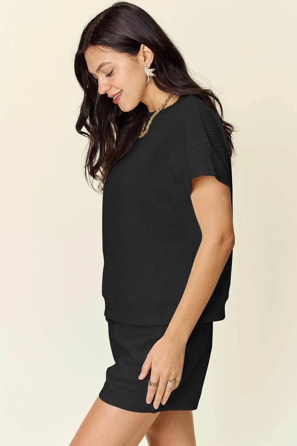 Bona Fide Fashion - Full Size Texture Short Sleeve T-Shirt and Drawstring Shorts Set - Women Fashion - Bona Fide Fashion