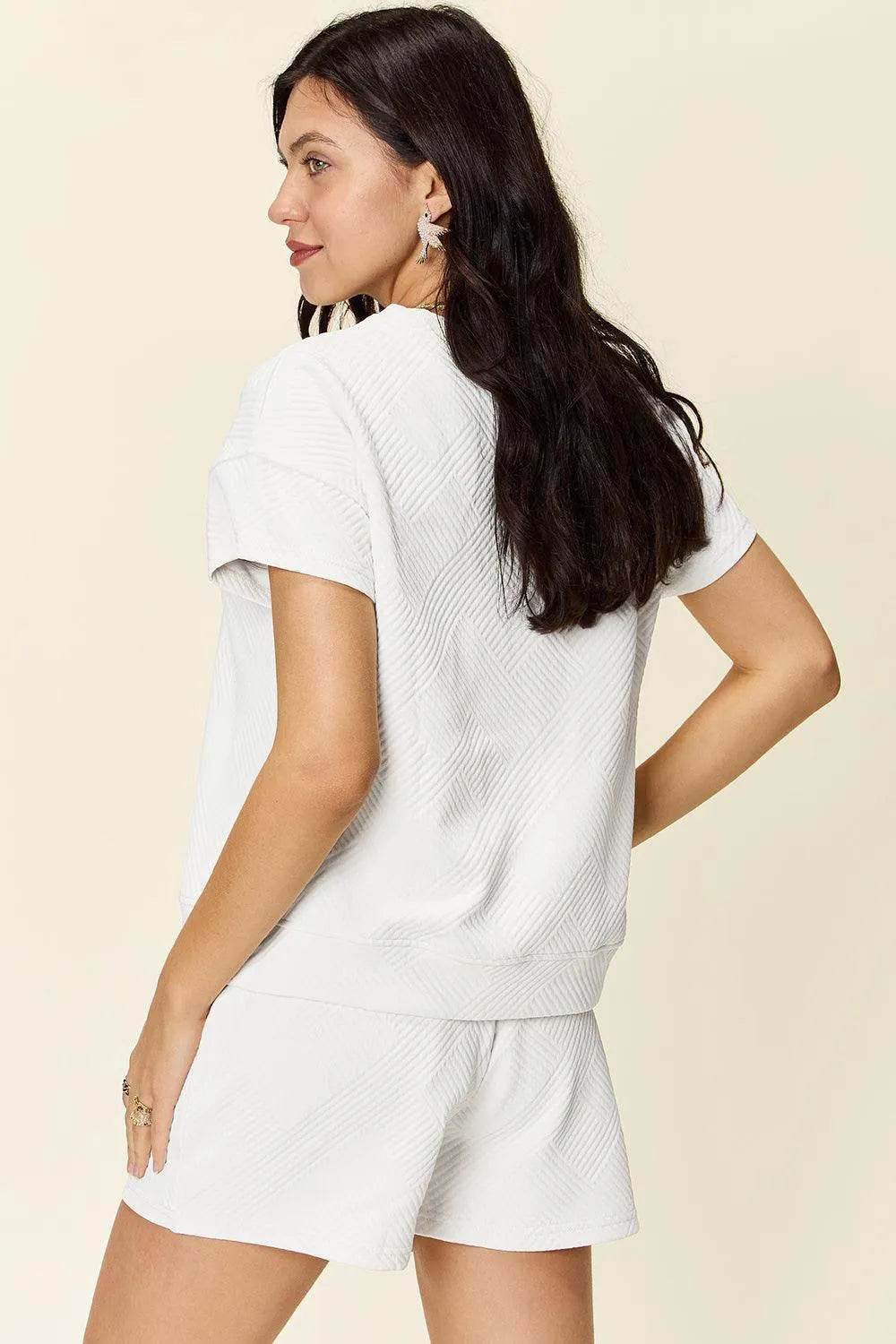 Bona Fide Fashion - Full Size Texture Short Sleeve T-Shirt and Drawstring Shorts Set - Women Fashion - Bona Fide Fashion