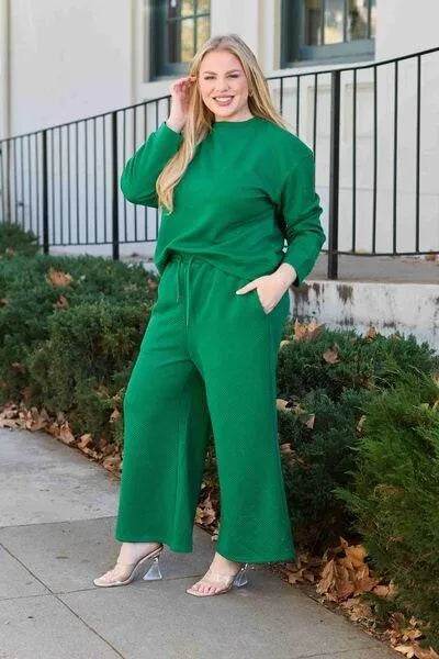 Bona Fide Fashion - Full Size Textured Long Sleeve Top and Drawstring Pants Set - Women Fashion - Bona Fide Fashion