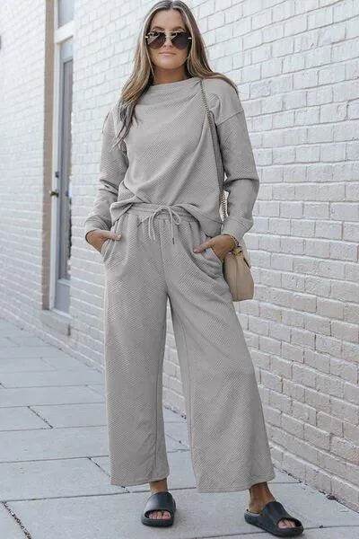 Bona Fide Fashion - Full Size Textured Long Sleeve Top and Drawstring Pants Set - Women Fashion - Bona Fide Fashion