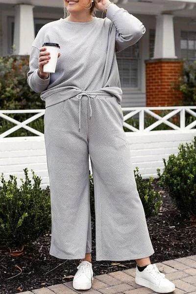 Bona Fide Fashion - Full Size Textured Long Sleeve Top and Drawstring Pants Set - Women Fashion - Bona Fide Fashion