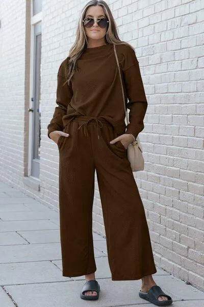 Bona Fide Fashion - Full Size Textured Long Sleeve Top and Drawstring Pants Set - Women Fashion - Bona Fide Fashion