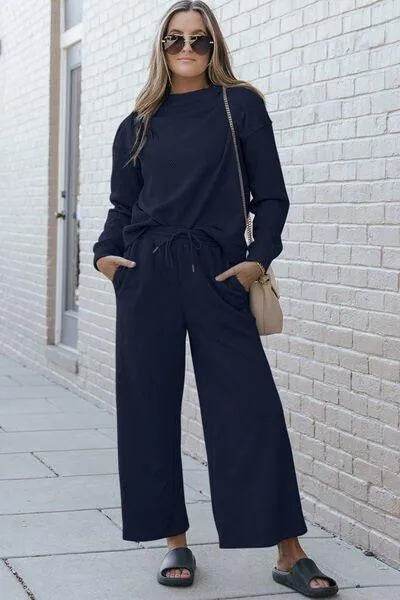 Bona Fide Fashion - Full Size Textured Long Sleeve Top and Drawstring Pants Set - Women Fashion - Bona Fide Fashion