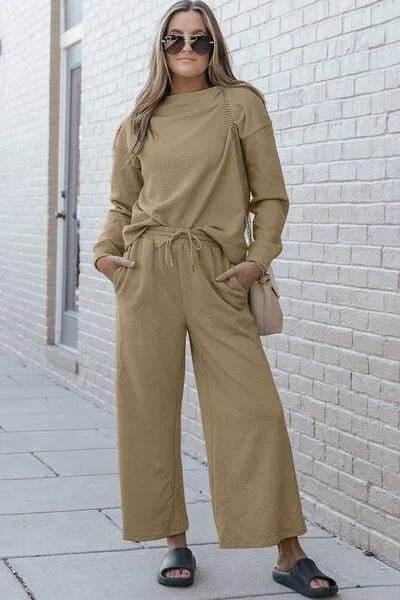 Bona Fide Fashion - Full Size Textured Long Sleeve Top and Drawstring Pants Set - Women Fashion - Bona Fide Fashion