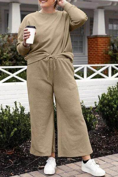 Bona Fide Fashion - Full Size Textured Long Sleeve Top and Drawstring Pants Set - Women Fashion - Bona Fide Fashion