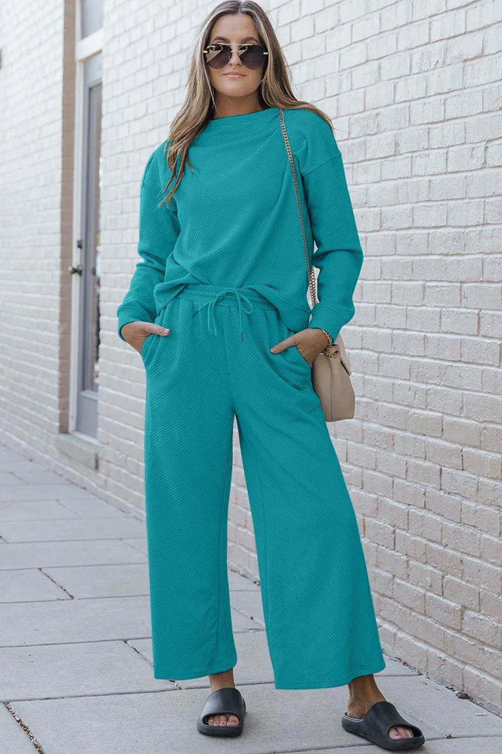 Bona Fide Fashion - Full Size Textured Long Sleeve Top and Drawstring Pants Set - Women Fashion - Bona Fide Fashion