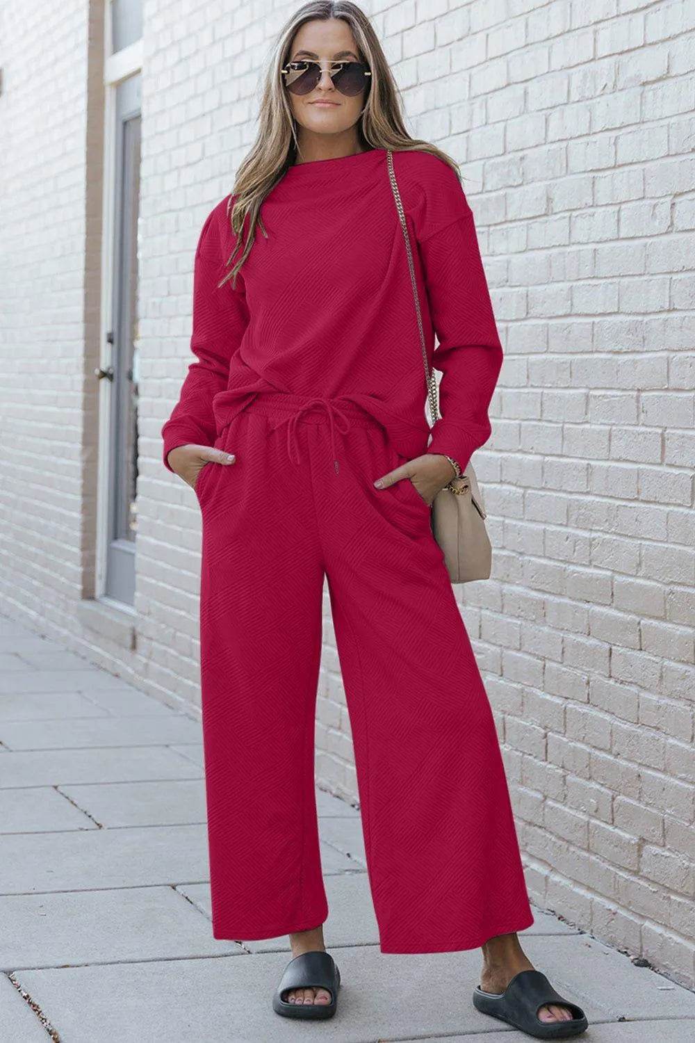 Bona Fide Fashion - Full Size Textured Long Sleeve Top and Drawstring Pants Set - Women Fashion - Bona Fide Fashion
