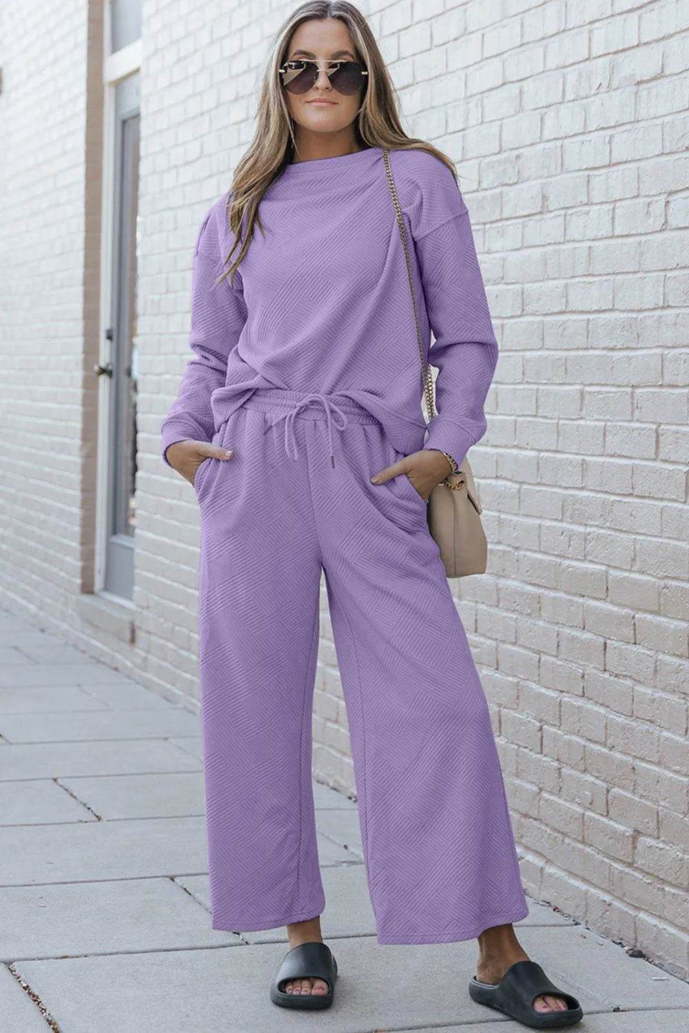 Bona Fide Fashion - Full Size Textured Long Sleeve Top and Drawstring Pants Set - Women Fashion - Bona Fide Fashion