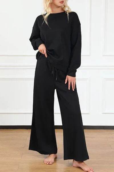 Bona Fide Fashion - Full Size Textured Long Sleeve Top and Drawstring Pants Set - Women Fashion - Bona Fide Fashion