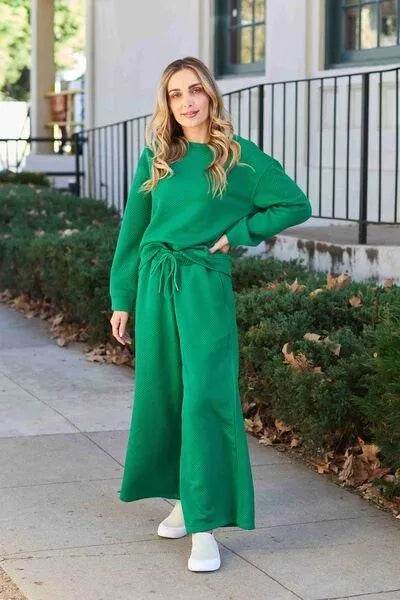 Bona Fide Fashion - Full Size Textured Long Sleeve Top and Drawstring Pants Set - Women Fashion - Bona Fide Fashion