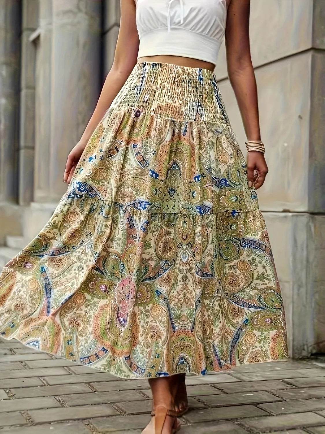 Bona Fide Fashion - Full Size Tiered Smocked Printed High Waist Skirt - Women Fashion - Bona Fide Fashion