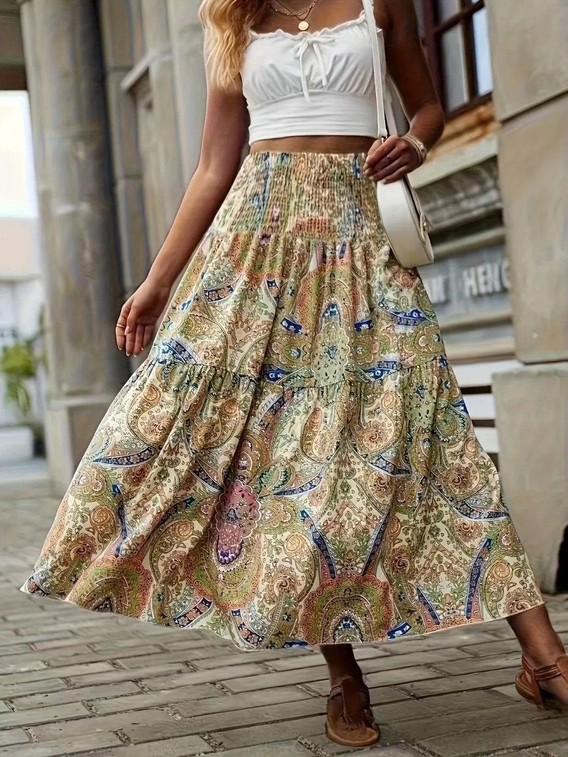 Bona Fide Fashion - Full Size Tiered Smocked Printed High Waist Skirt - Women Fashion - Bona Fide Fashion