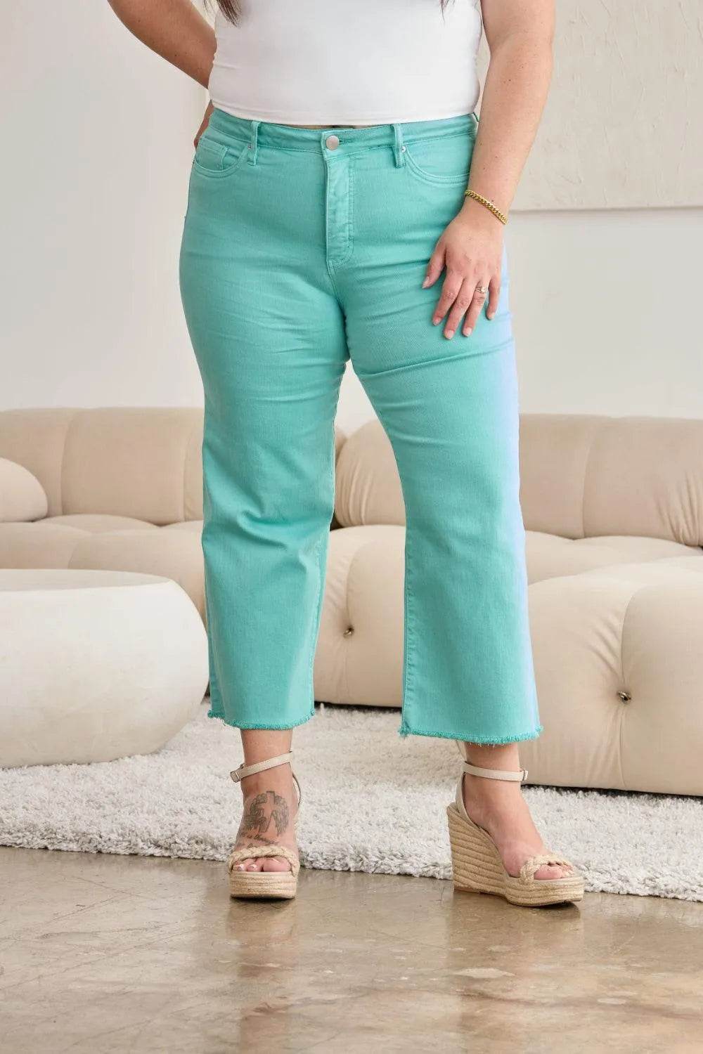 Bona Fide Fashion - Full Size Tummy Control High Waist Raw Hem Jeans - Women Fashion - Bona Fide Fashion