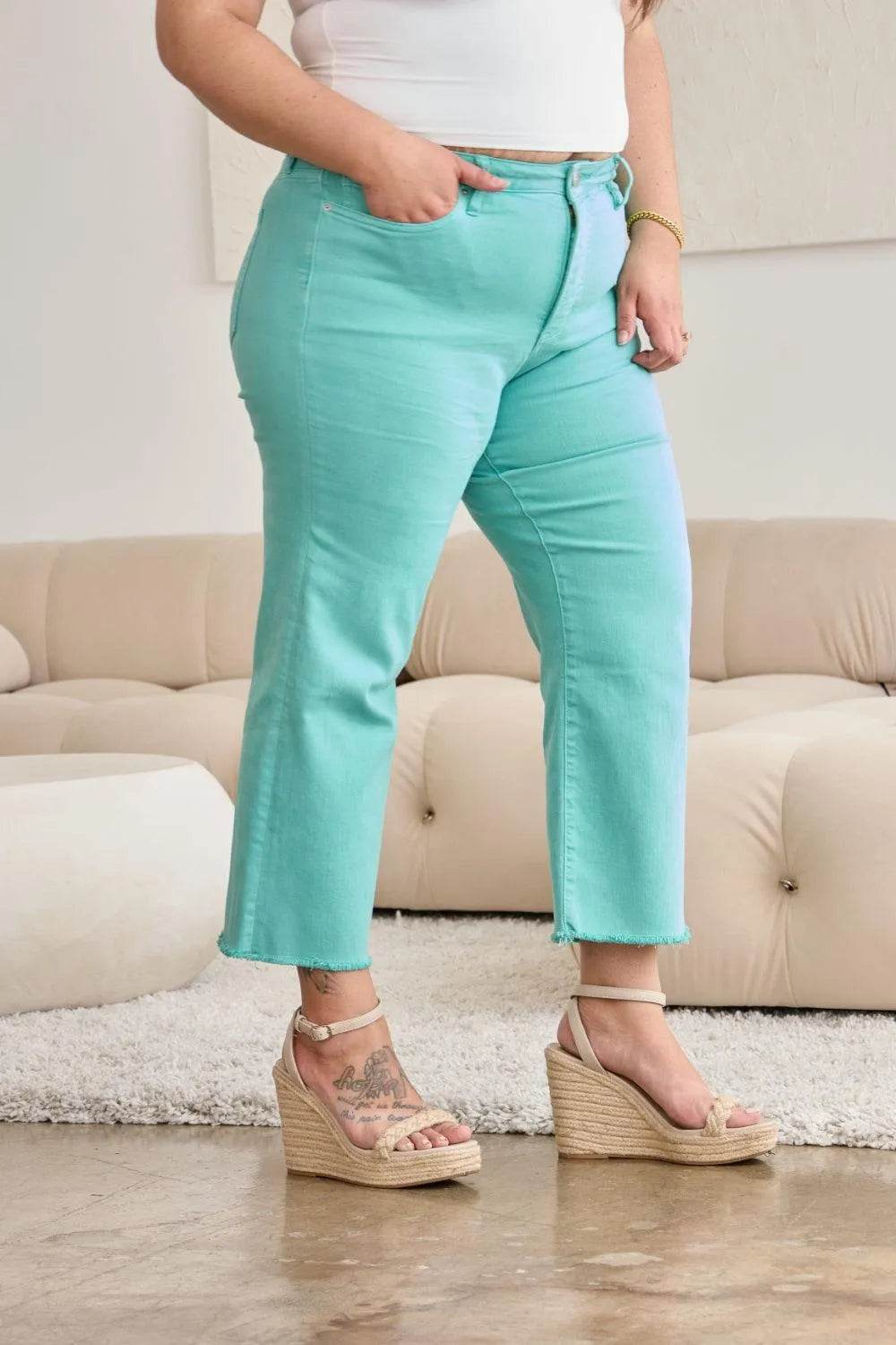 Bona Fide Fashion - Full Size Tummy Control High Waist Raw Hem Jeans - Women Fashion - Bona Fide Fashion