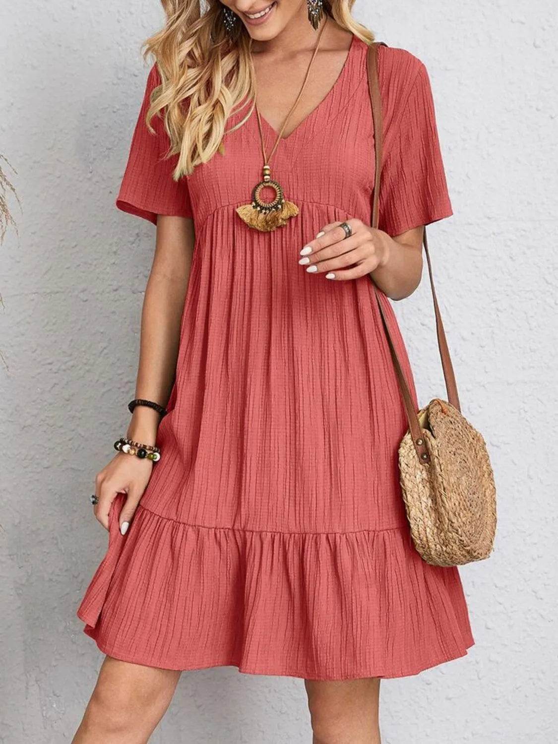 Bona Fide Fashion - Full Size V-Neck Short Sleeve Dress - Women Fashion - Bona Fide Fashion