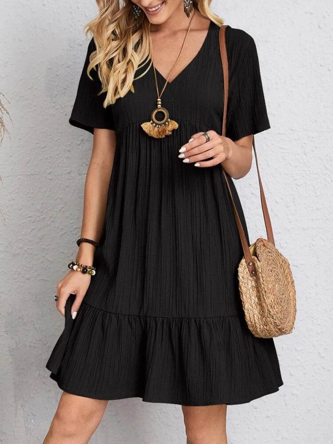 Bona Fide Fashion - Full Size V-Neck Short Sleeve Dress - Women Fashion - Bona Fide Fashion