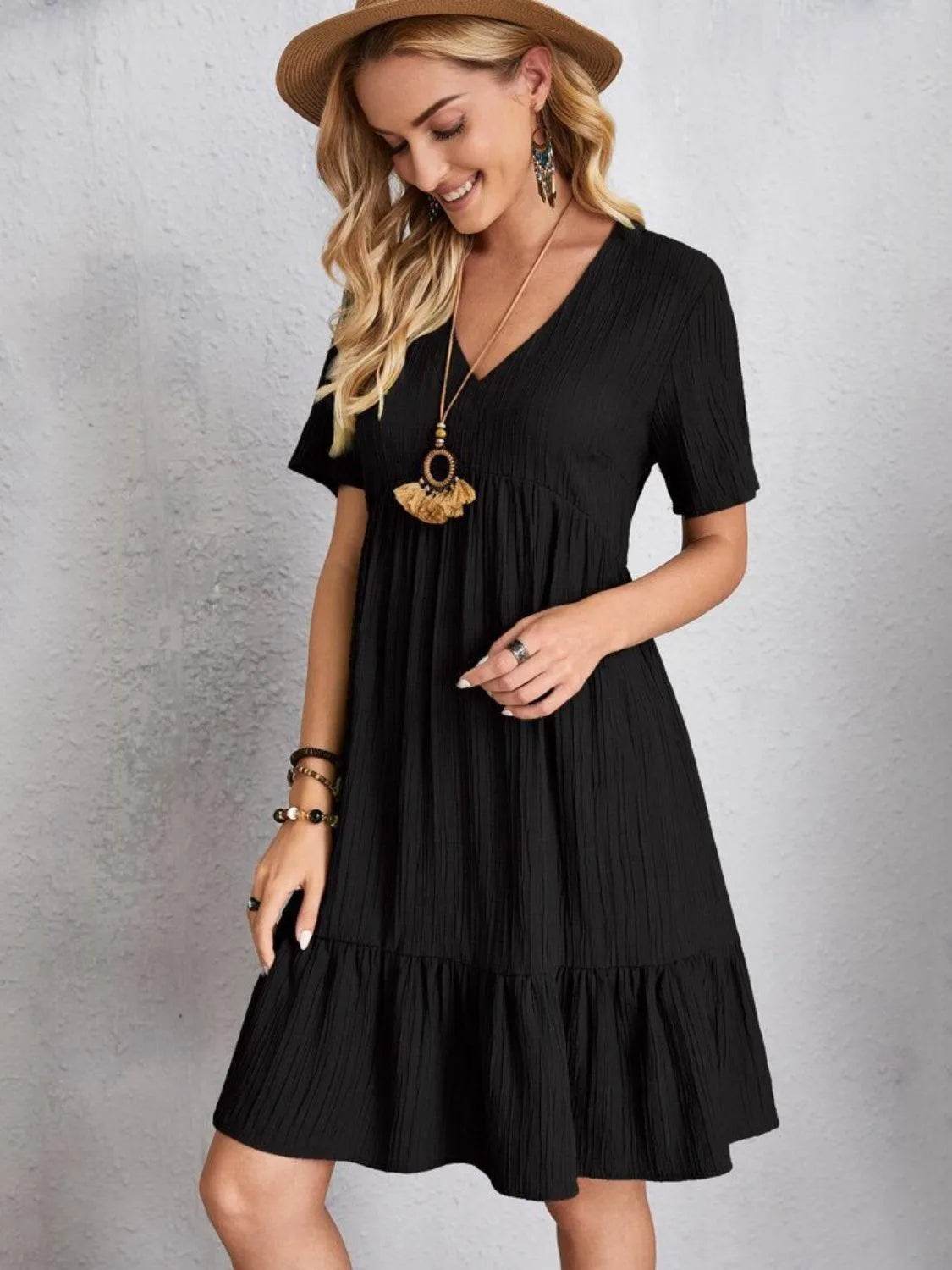 Bona Fide Fashion - Full Size V-Neck Short Sleeve Dress - Women Fashion - Bona Fide Fashion