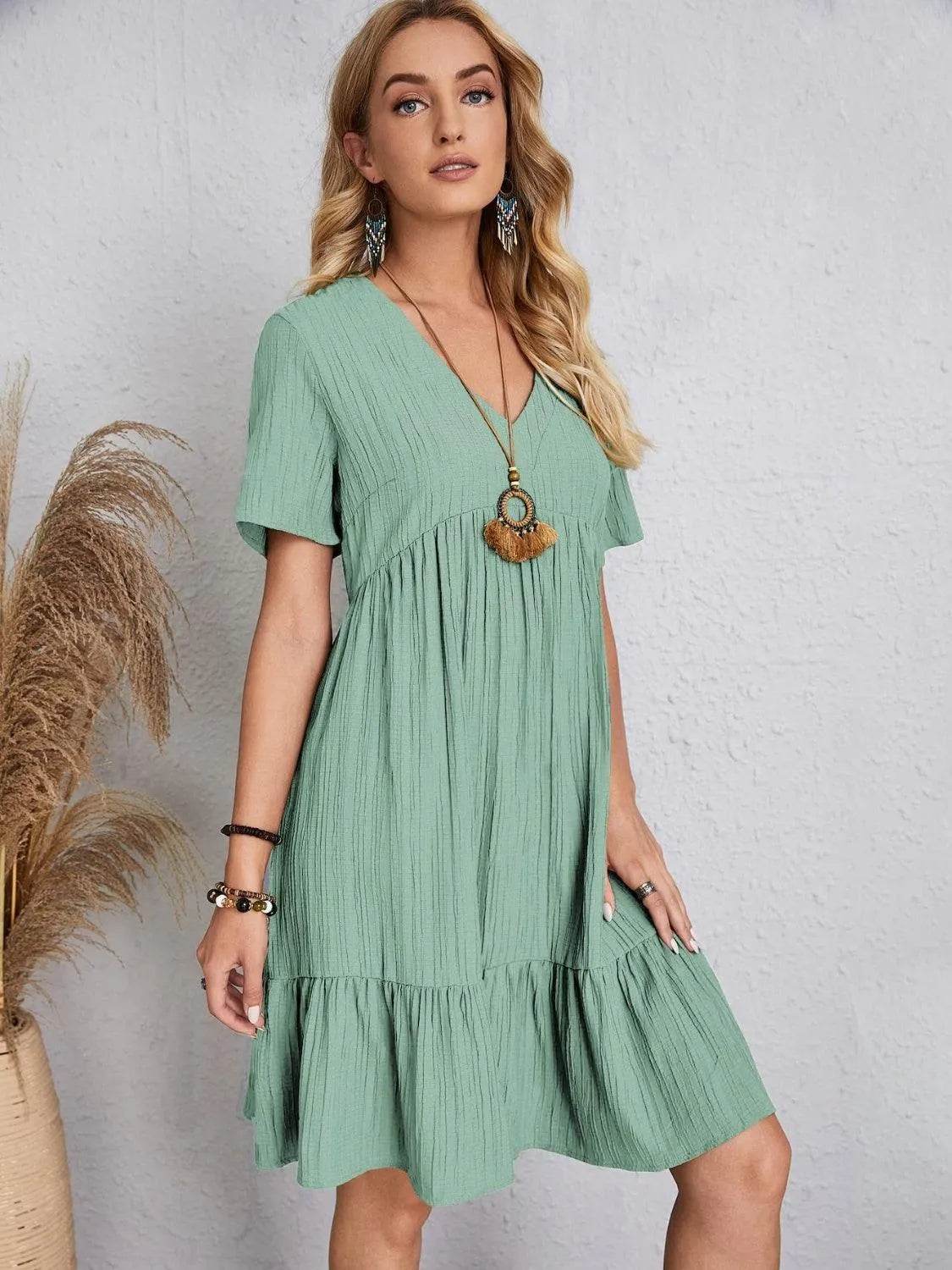 Bona Fide Fashion - Full Size V-Neck Short Sleeve Dress - Women Fashion - Bona Fide Fashion