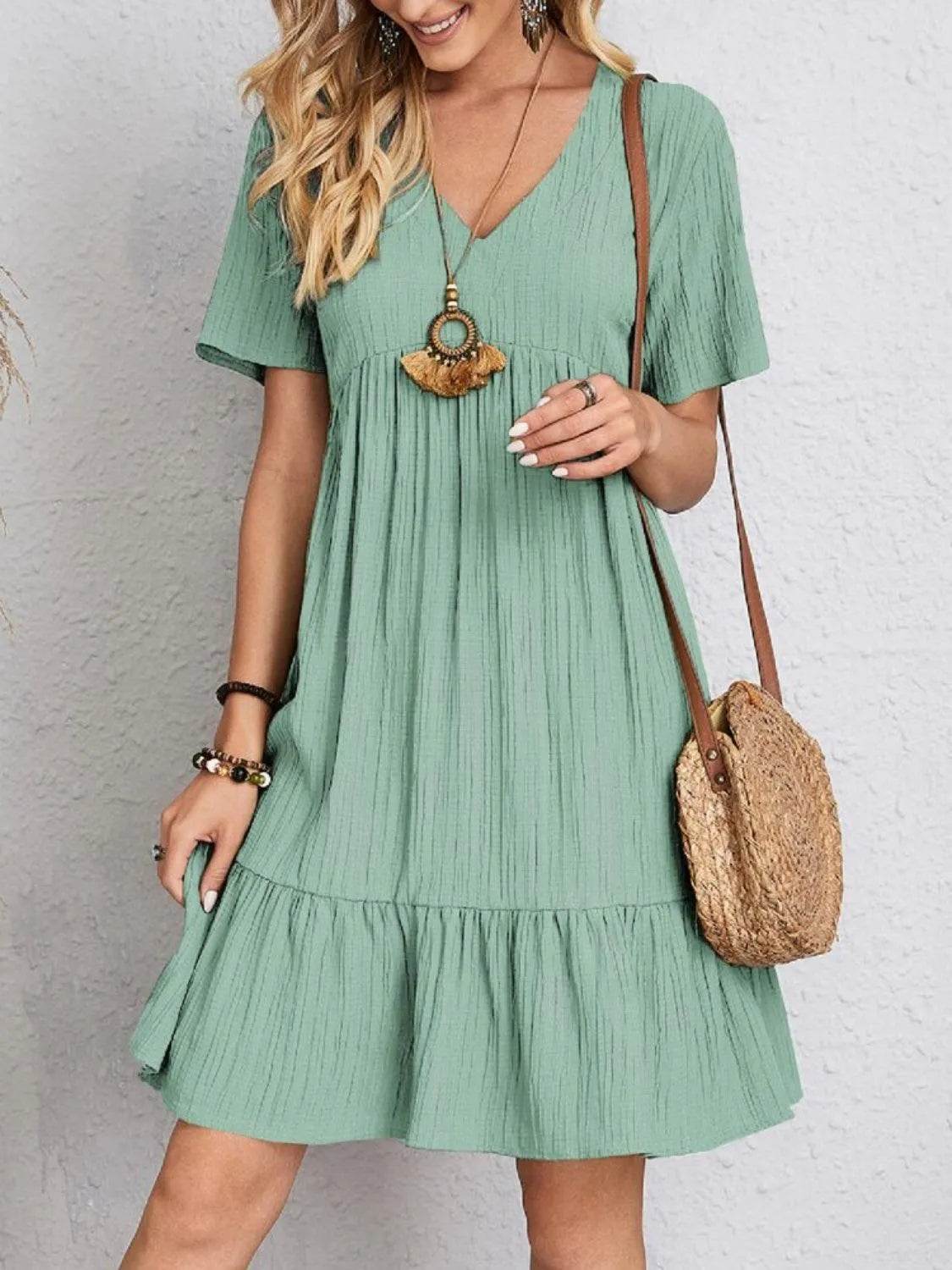 Bona Fide Fashion - Full Size V-Neck Short Sleeve Dress - Women Fashion - Bona Fide Fashion