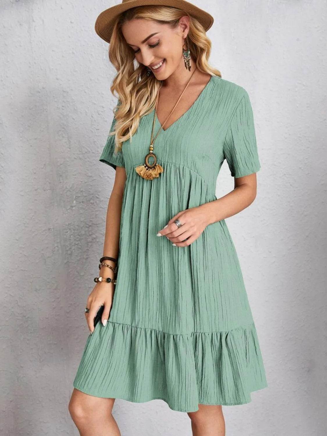 Bona Fide Fashion - Full Size V-Neck Short Sleeve Dress - Women Fashion - Bona Fide Fashion