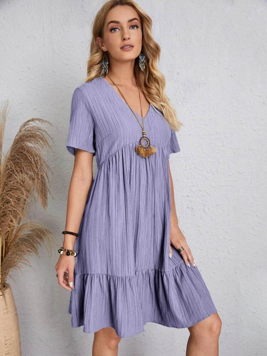 Bona Fide Fashion - Full Size V-Neck Short Sleeve Dress - Women Fashion - Bona Fide Fashion
