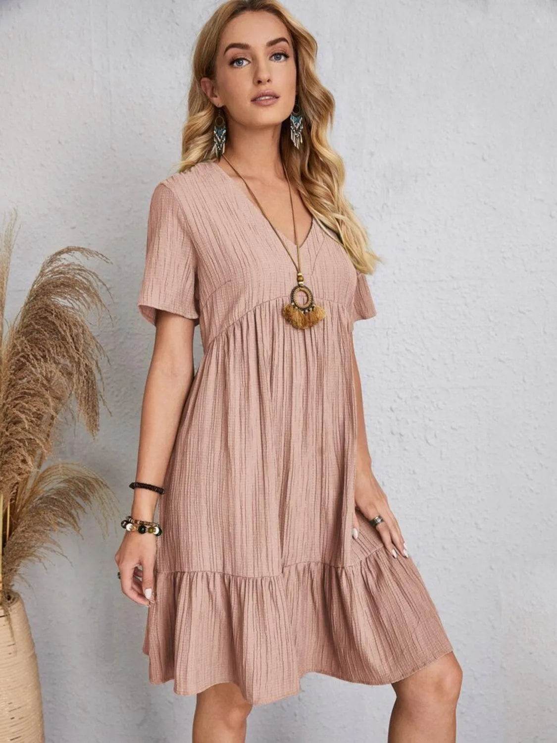 Bona Fide Fashion - Full Size V-Neck Short Sleeve Dress - Women Fashion - Bona Fide Fashion