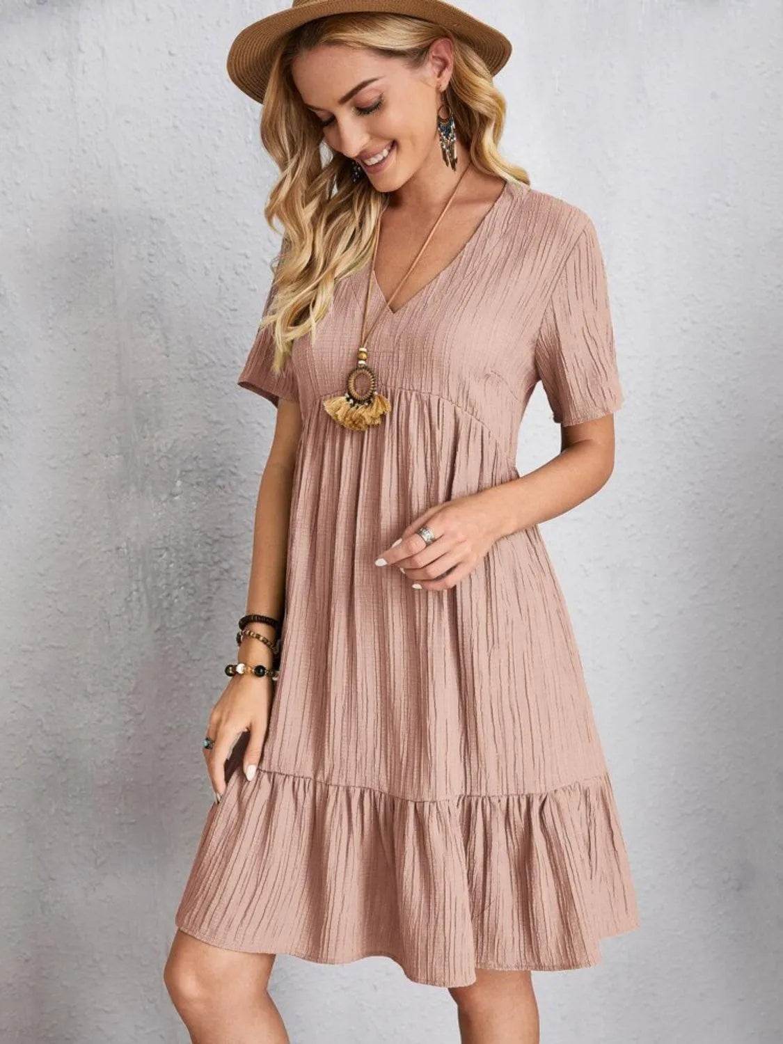 Bona Fide Fashion - Full Size V-Neck Short Sleeve Dress - Women Fashion - Bona Fide Fashion