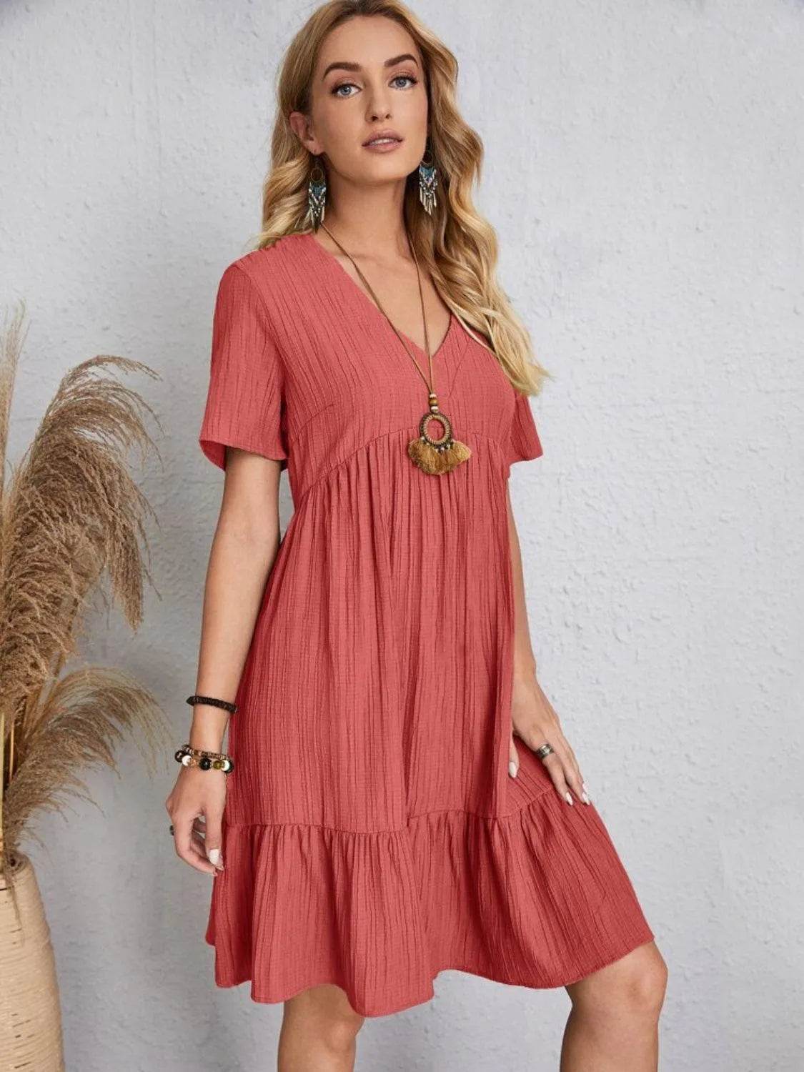 Bona Fide Fashion - Full Size V-Neck Short Sleeve Dress - Women Fashion - Bona Fide Fashion