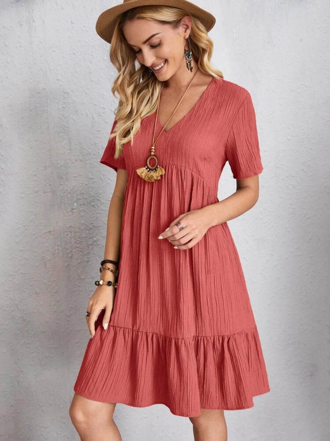 Bona Fide Fashion - Full Size V-Neck Short Sleeve Dress - Women Fashion - Bona Fide Fashion