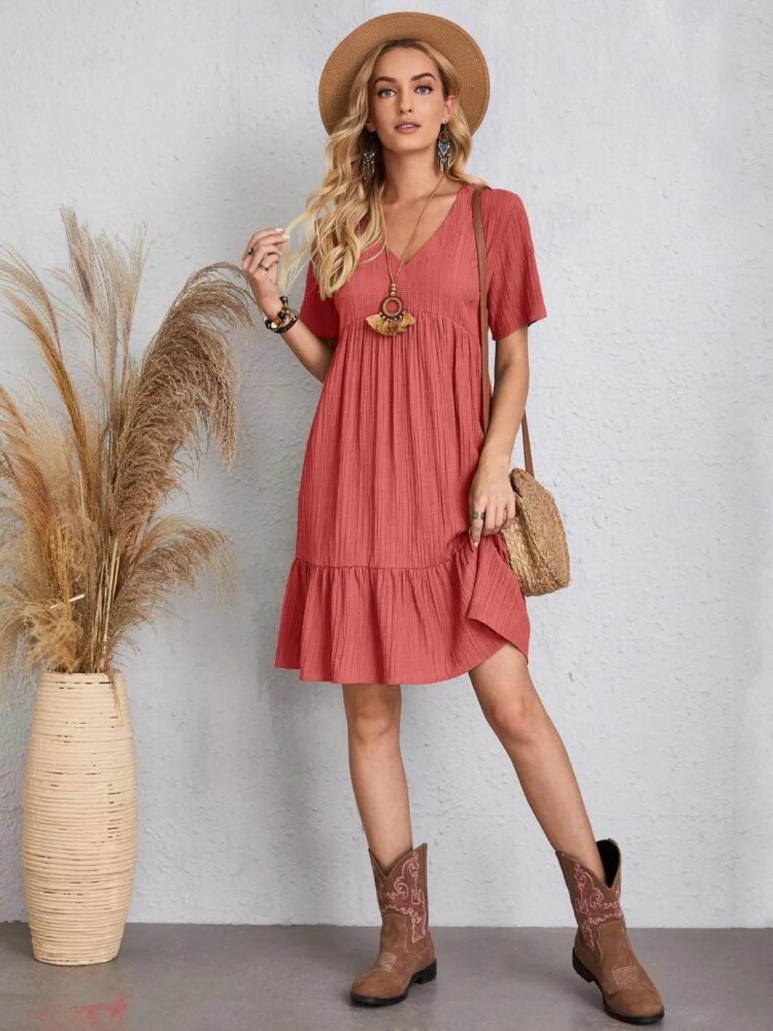 Bona Fide Fashion - Full Size V-Neck Short Sleeve Dress - Women Fashion - Bona Fide Fashion