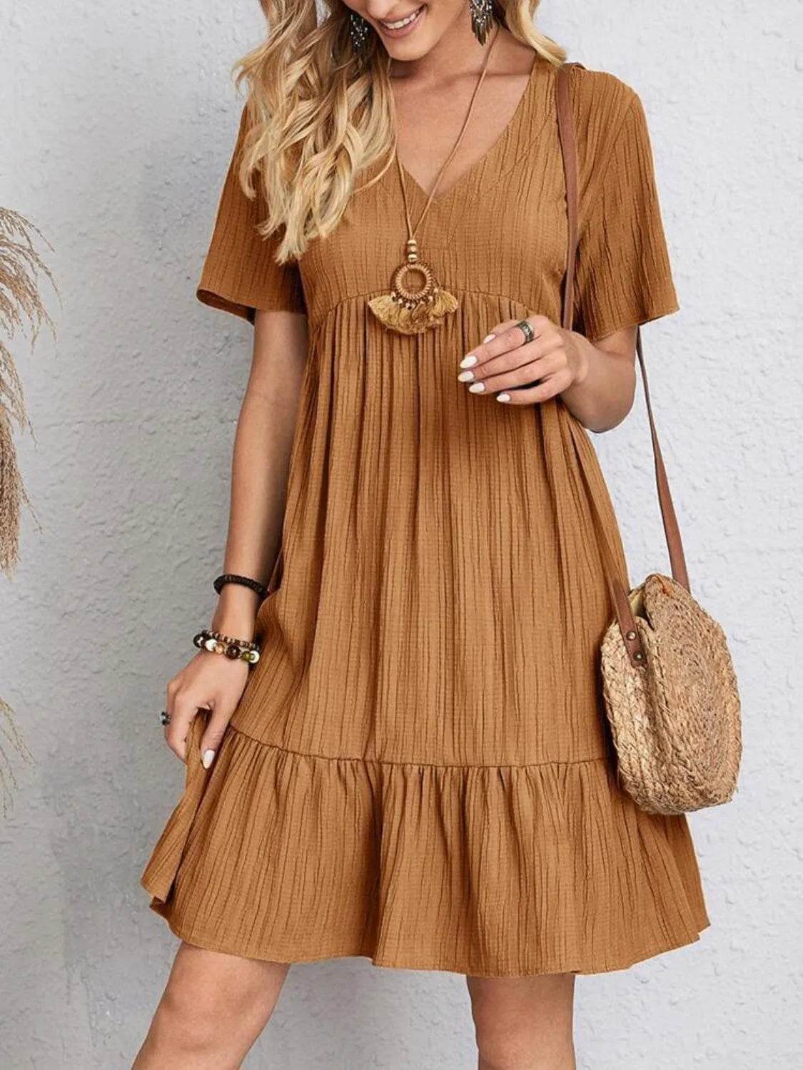 Bona Fide Fashion - Full Size V-Neck Short Sleeve Dress - Women Fashion - Bona Fide Fashion