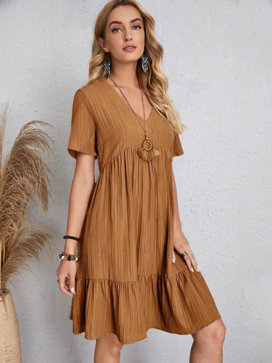 Bona Fide Fashion - Full Size V-Neck Short Sleeve Dress - Women Fashion - Bona Fide Fashion