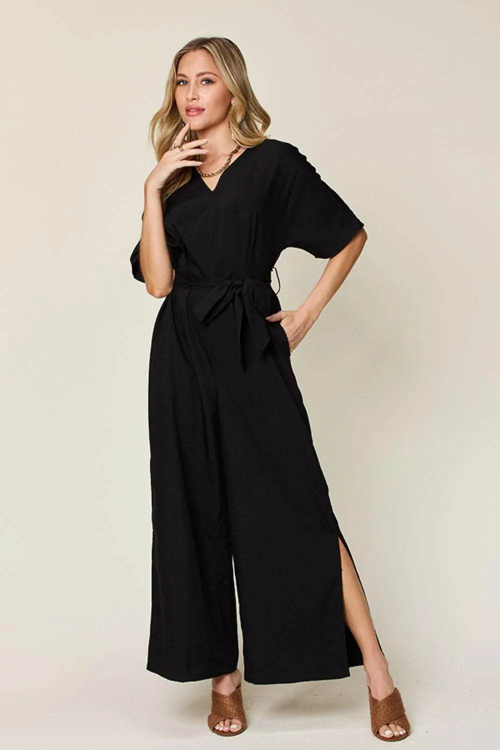 Bona Fide Fashion - Full Size V-Neck Tie Front Short Sleeve Slit Jumpsuit - Women Fashion - Bona Fide Fashion