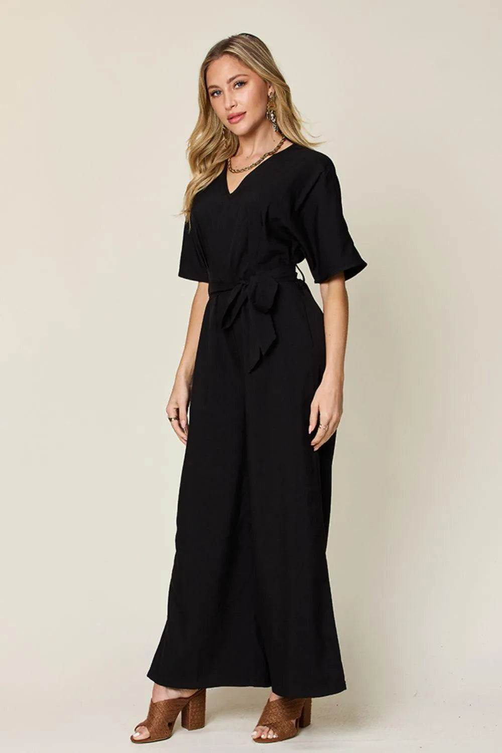 Bona Fide Fashion - Full Size V-Neck Tie Front Short Sleeve Slit Jumpsuit - Women Fashion - Bona Fide Fashion