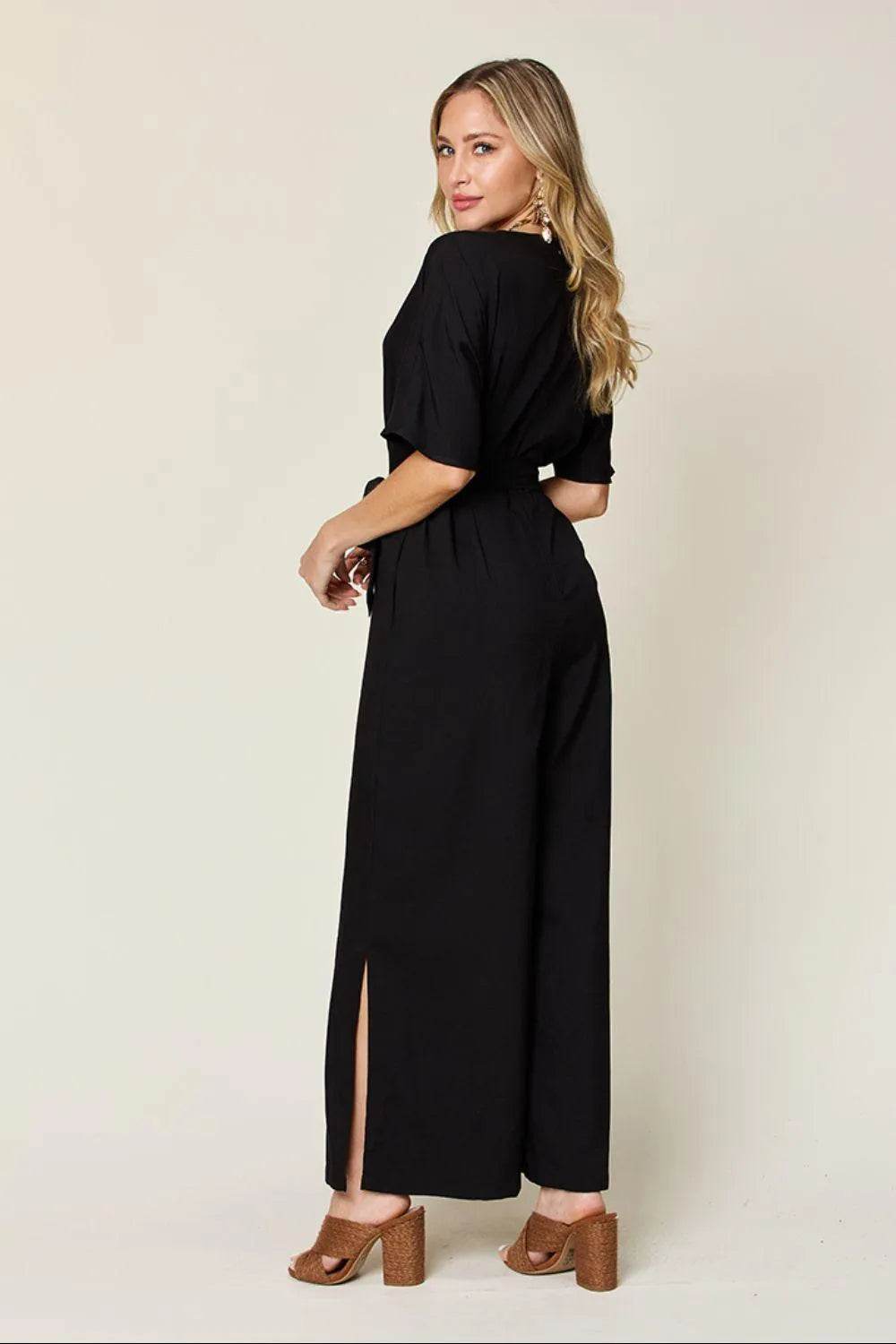 Bona Fide Fashion - Full Size V-Neck Tie Front Short Sleeve Slit Jumpsuit - Women Fashion - Bona Fide Fashion