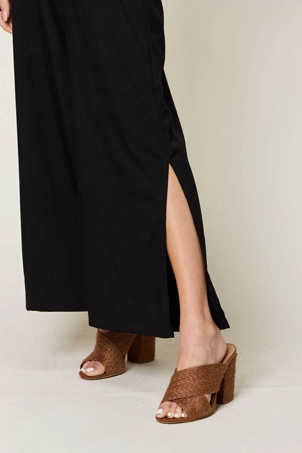 Bona Fide Fashion - Full Size V-Neck Tie Front Short Sleeve Slit Jumpsuit - Women Fashion - Bona Fide Fashion
