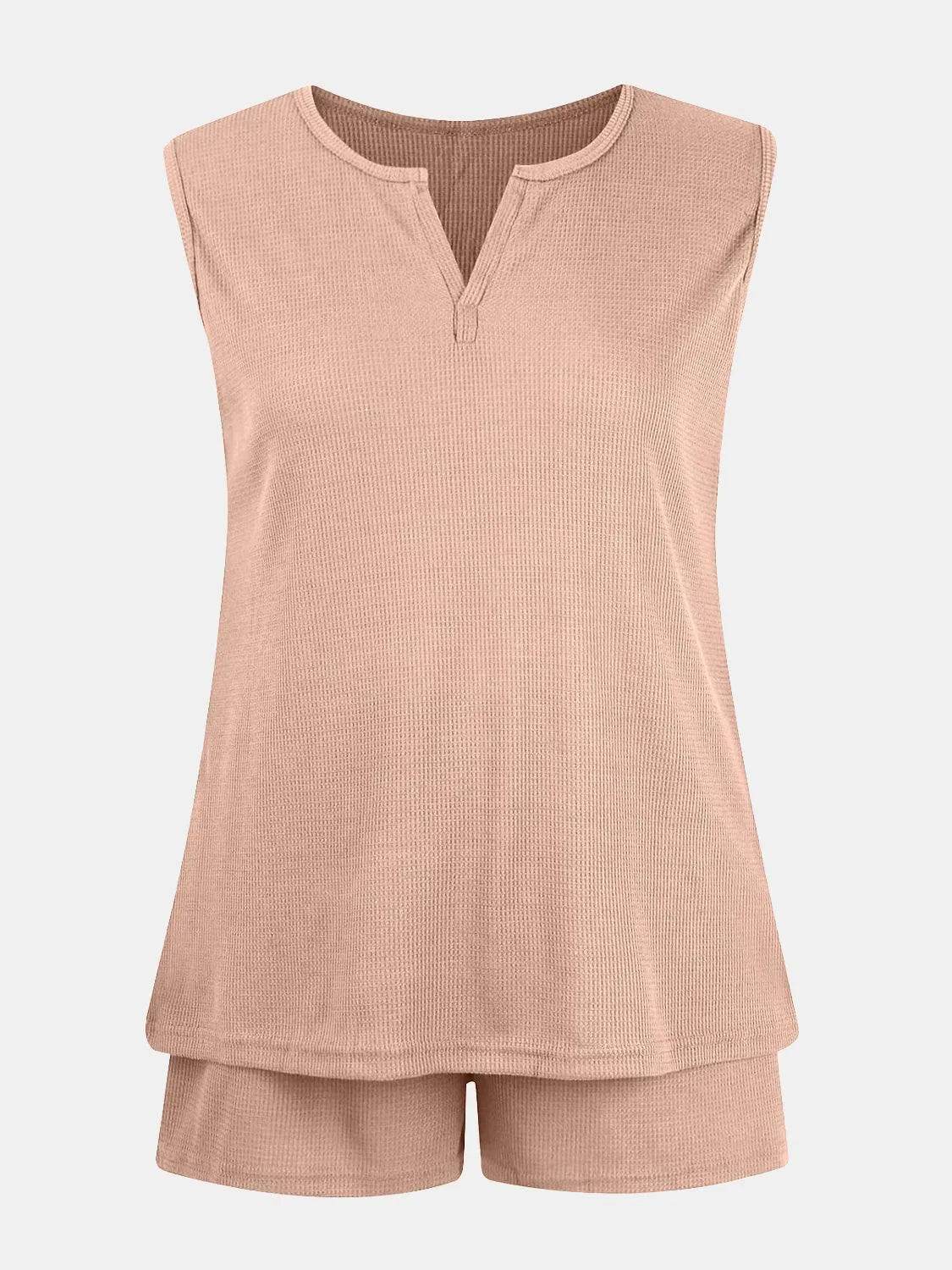 Bona Fide Fashion - Full Size Waffle-Knit Notched Top and Bottom Set - Women Fashion - Bona Fide Fashion