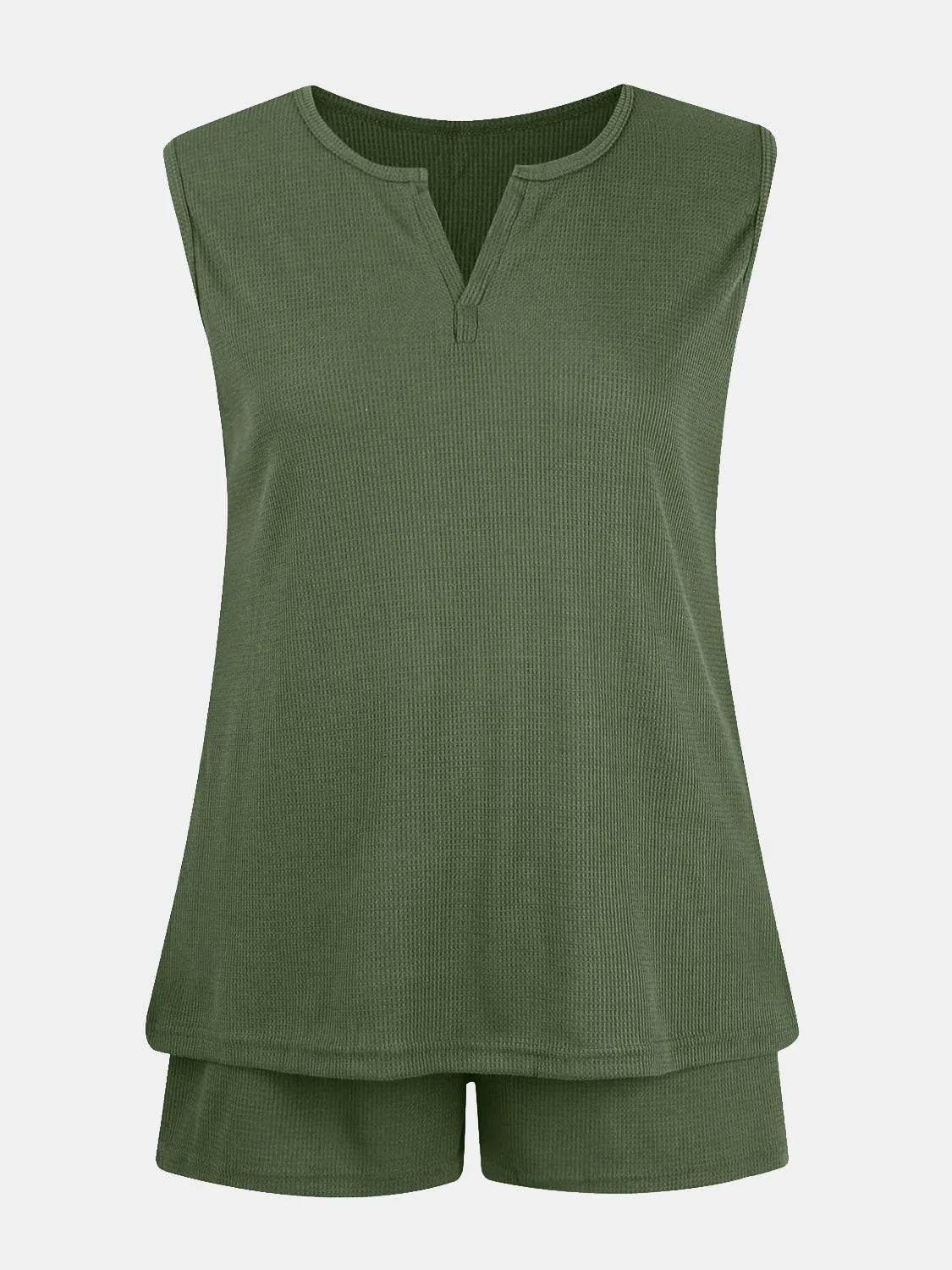 Bona Fide Fashion - Full Size Waffle-Knit Notched Top and Bottom Set - Women Fashion - Bona Fide Fashion