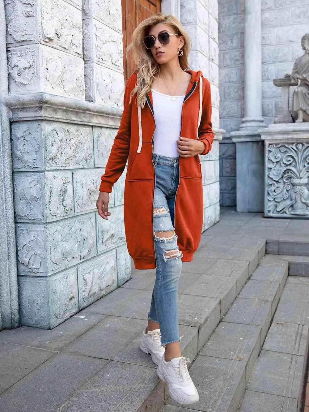 Bona Fide Fashion - Full Size Zip-Up Longline Hoodie with Pockets - Women Fashion - Bona Fide Fashion