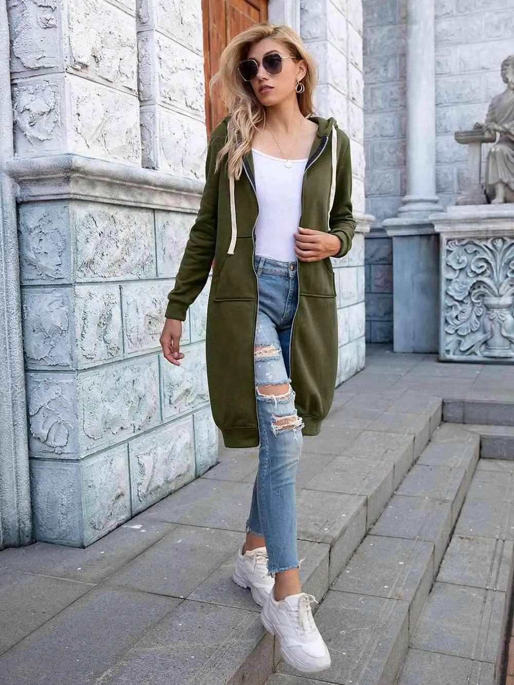 Bona Fide Fashion - Full Size Zip-Up Longline Hoodie with Pockets - Women Fashion - Bona Fide Fashion