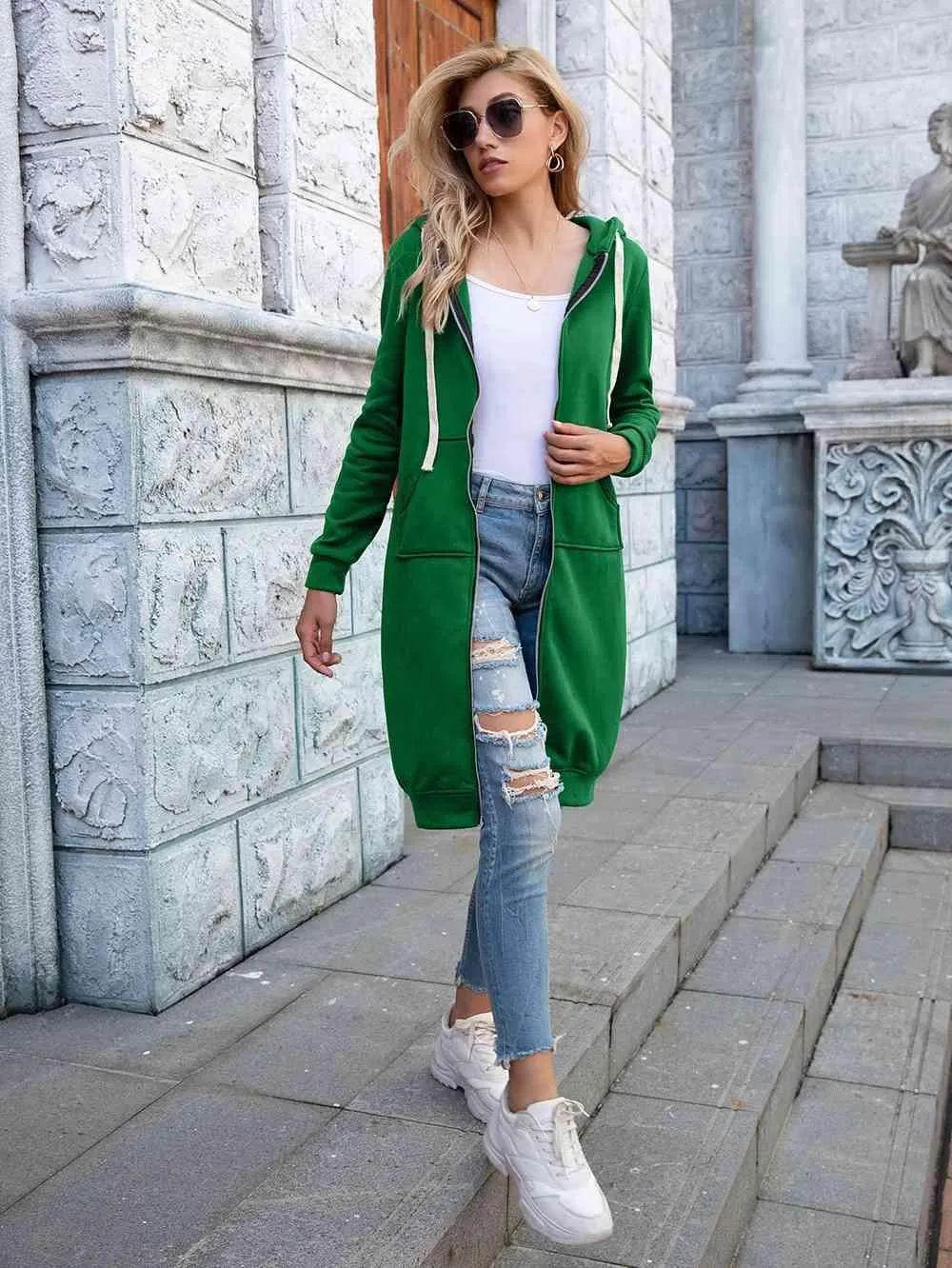 Bona Fide Fashion - Full Size Zip-Up Longline Hoodie with Pockets - Women Fashion - Bona Fide Fashion