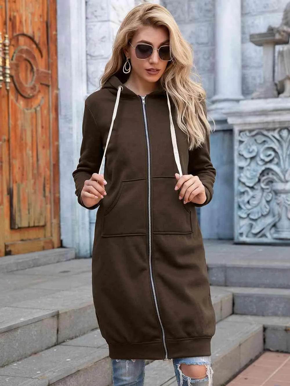 Bona Fide Fashion - Full Size Zip-Up Longline Hoodie with Pockets - Women Fashion - Bona Fide Fashion